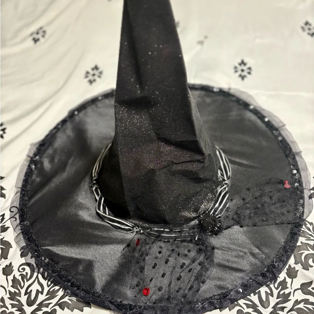 Black Witch Hat with Glitter and Red Accents